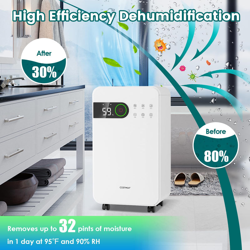Dehumidifier for Basement, 32 Pints Dehumidifier with Sleep Mode, 24H Timer, 3-Color LED Indicator Light