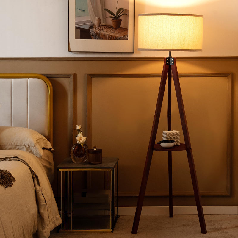 ARLIME Tripod Floor Lamp, Mid Century Wood Standing Lamp with Storage Shelves