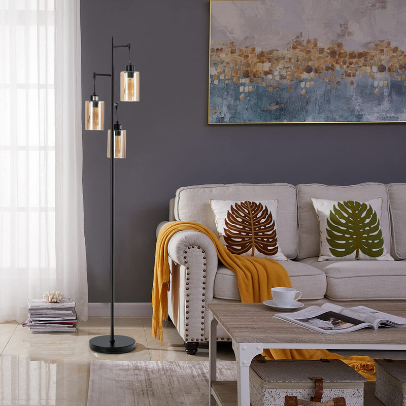 ARLIME 3 Lights Floor Lamp, Retro Floor Lamp with 3-Head Hanging Amber Glass Shade