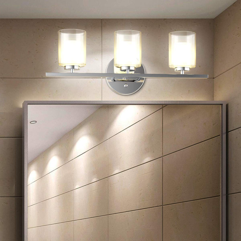 3-Light Vanity Light Wall Mounted Brushed Chrome Finish Glass Shade Bathroom Bedroom Lamp