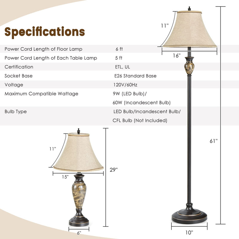 Table and Floor Lamp Set, 3-Piece Traditional Style Lamp Set