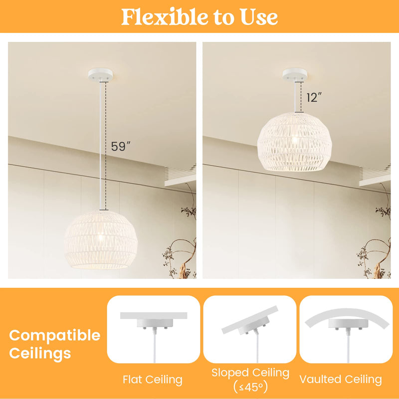 ARLIME Farmhouse Rattan Pendant Lights - Boho Modern Round Ceiling Chandelier Hanging Lamp