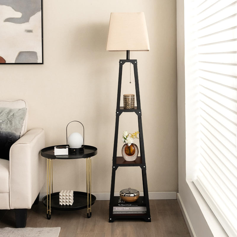 ARLIME Shelf Floor Lamp, Modern Wood Square Standing Lamp with 3 Tiers Shelves and Linen Shade