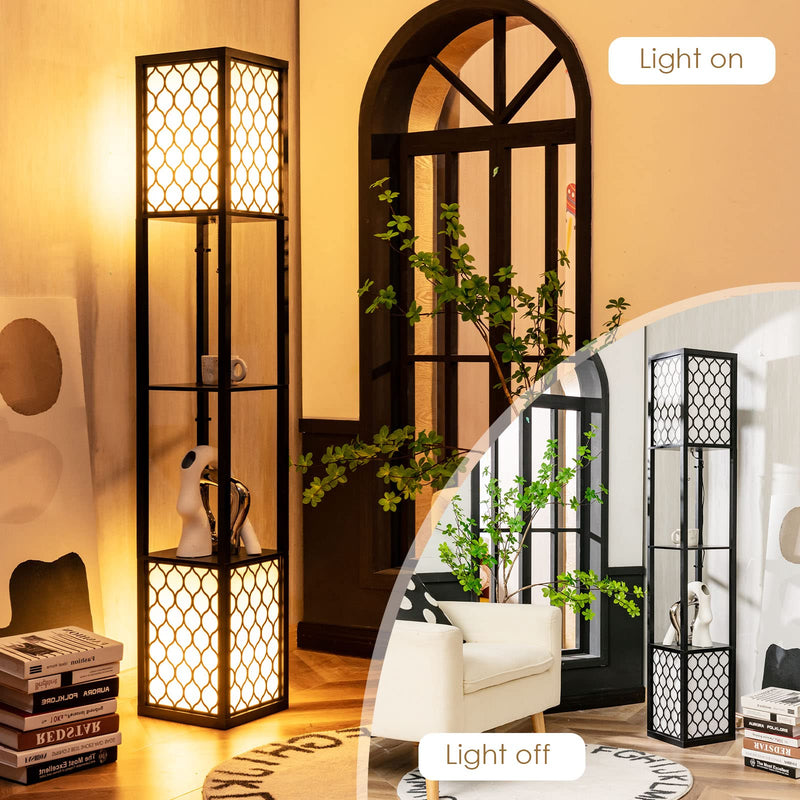 Modern Shelf Floor Lamp, Freestanding Double Lamp w/ 2-Tier Wood Shelf & White Lampshade