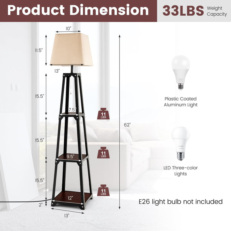 ARLIME Shelf Floor Lamp, Modern Wood Square Standing Lamp with 3 Tiers Shelves and Linen Shade