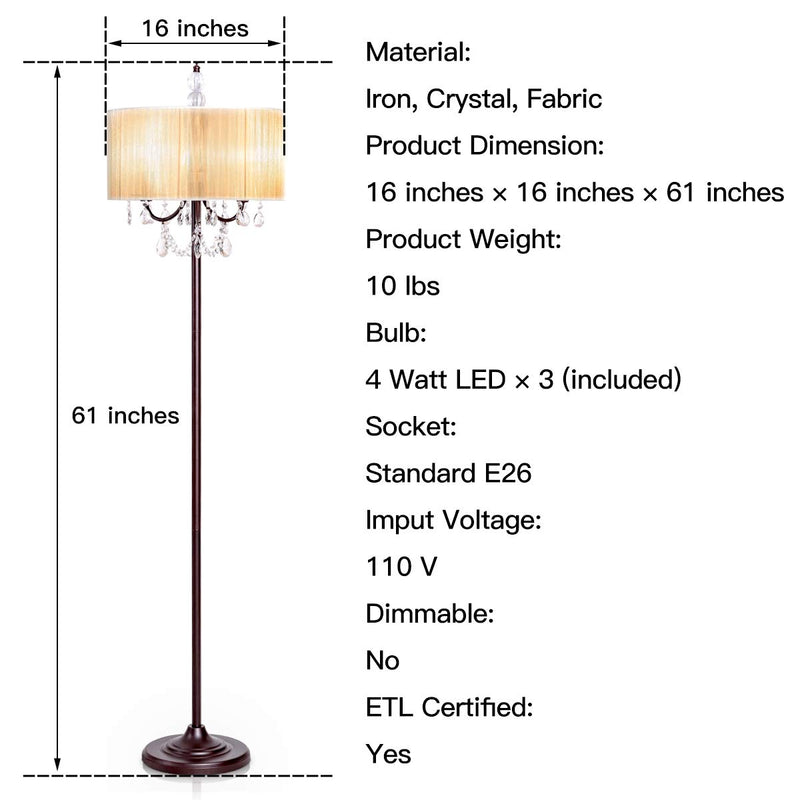 Crystal Floor Lamp Sheer Shade Elegant Design Floor Light Tall Upright lamp Stand Light with Led Bulbs for Living Room, Bedroom and Office(Beige)