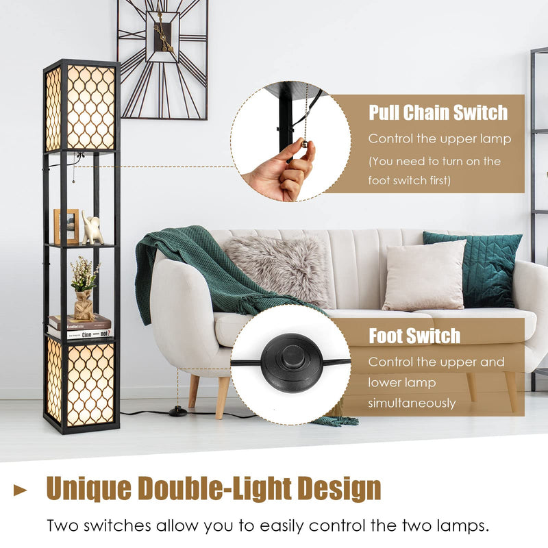 Modern Shelf Floor Lamp, Freestanding Double Lamp w/ 2-Tier Wood Shelf & White Lampshade