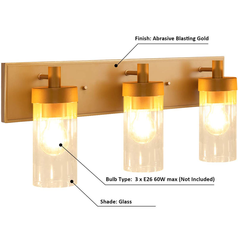 3-Light Vanity Light Bathroom Wall Mounted Glass Shade Lighting Fixture UL E26 Bedroom Wall Sconce (Gold)